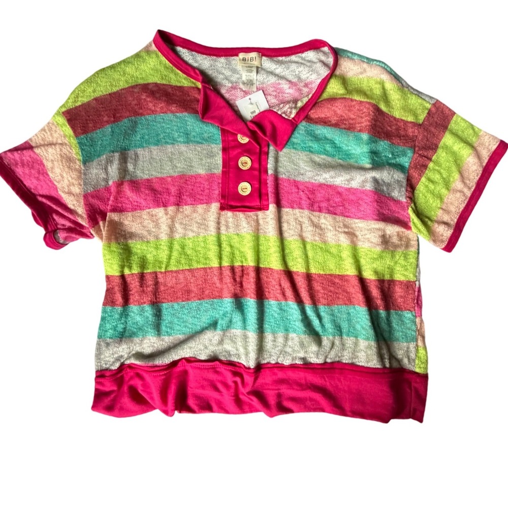 Bibi Womens Multi‎ Color Striped Henley Short Sleeve Top Size XXL NWT
